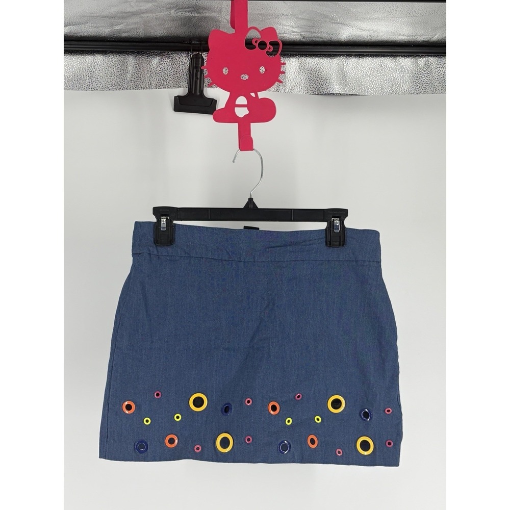 Y2K Groovy Chambray Mini Skirt Colorful Grommet Circle Mod Retro Size 6